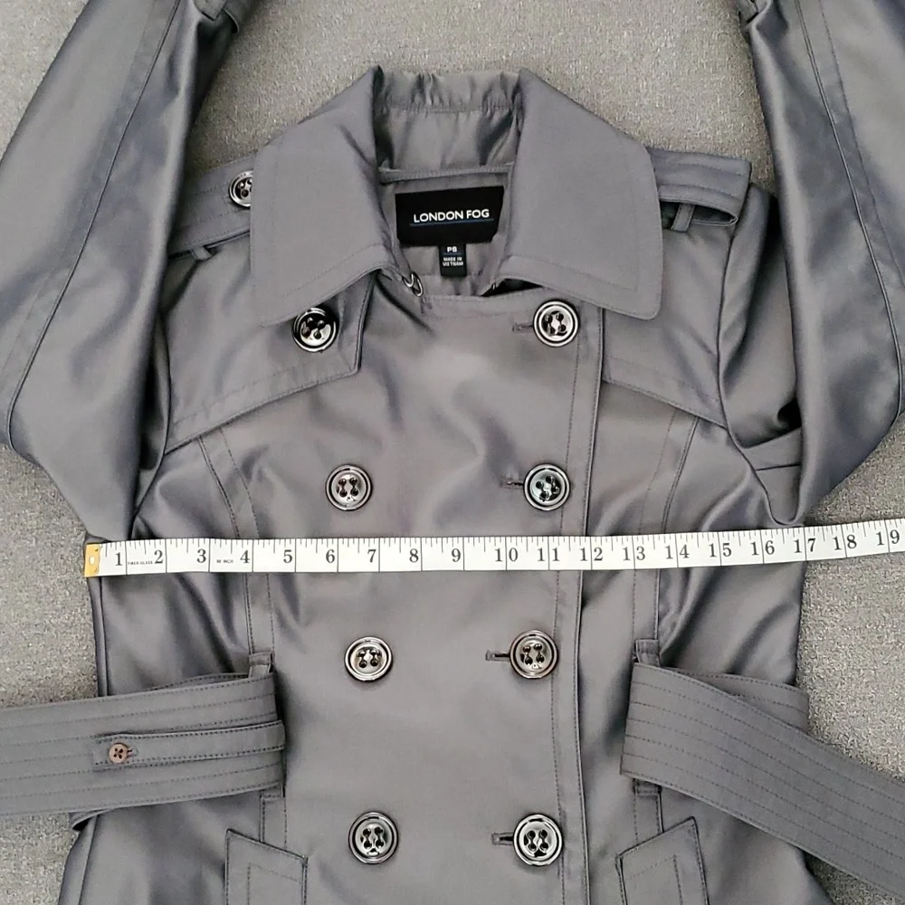 🆕️LONDON FOG Metallic Gray Water Resistant Double Breasted Trench Coat SIZE: PS - Picture 12 of 16